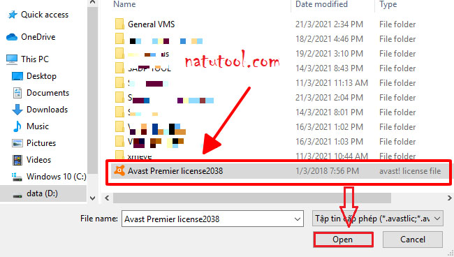 Chọn file Avast Premier license2038