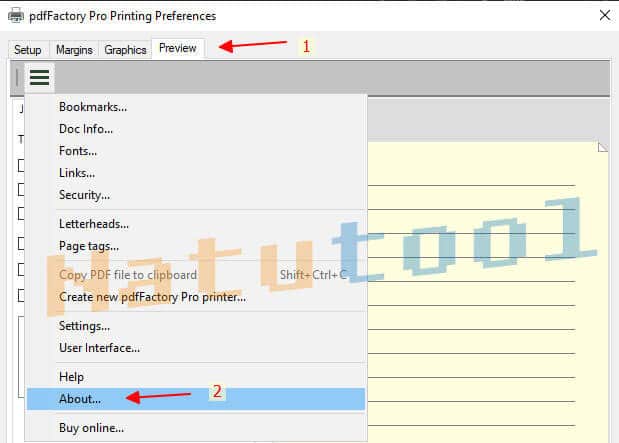 Truy cập thông tin About của pdfFactory Pro