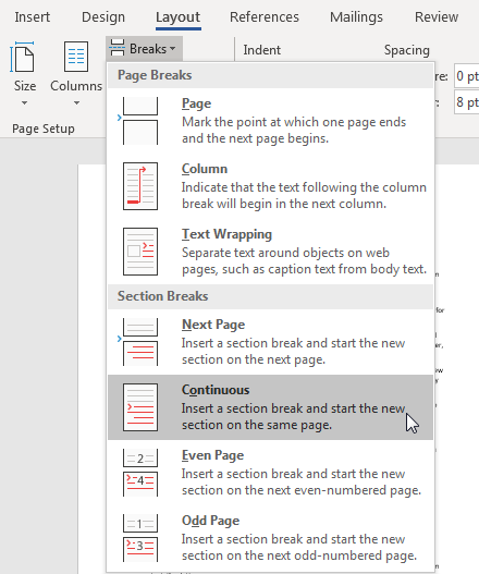 Chèn Section Break đầu tiên