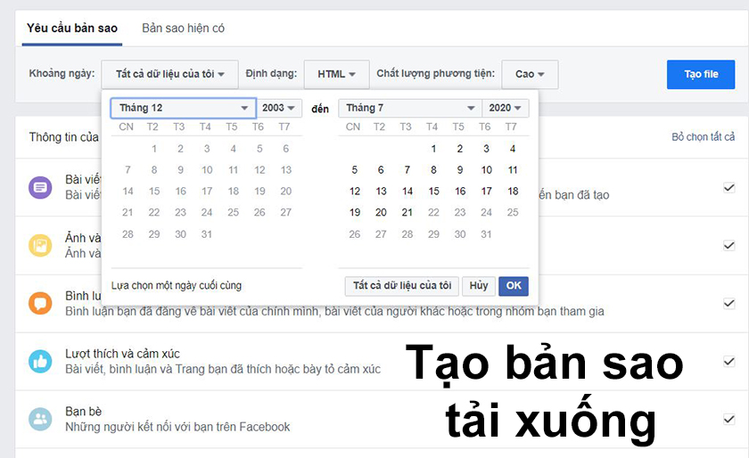 Chọn khoảng thời gian và định dạng