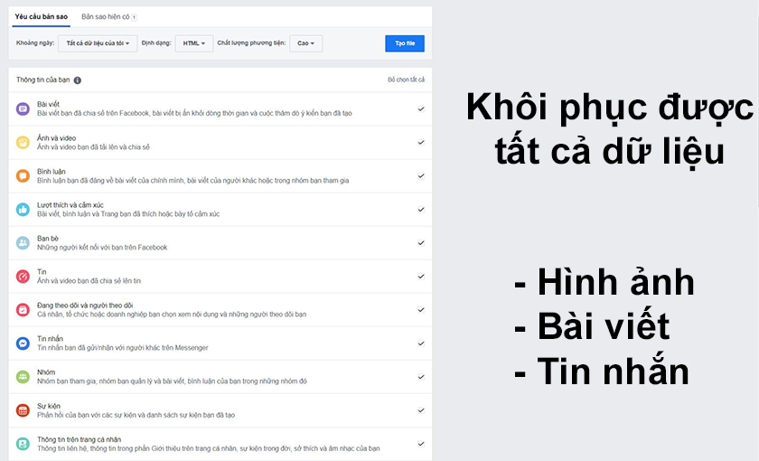 Dữ liệu khôi phục được trên Facebook