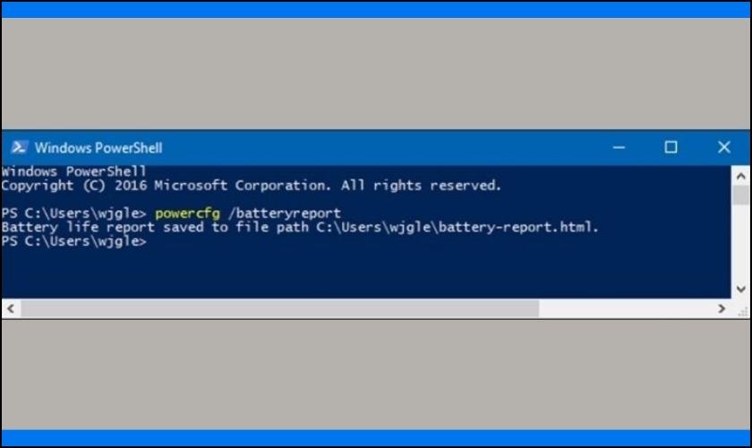 Nhập lệnh powercfg/batteryreport trong PowerShell