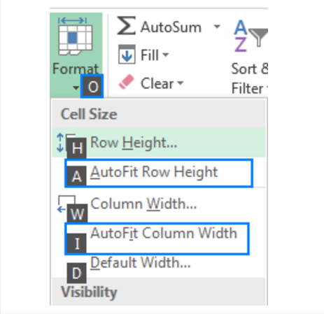 Detailed view of the Excel Format menu showing shortcut keys for AutoFit