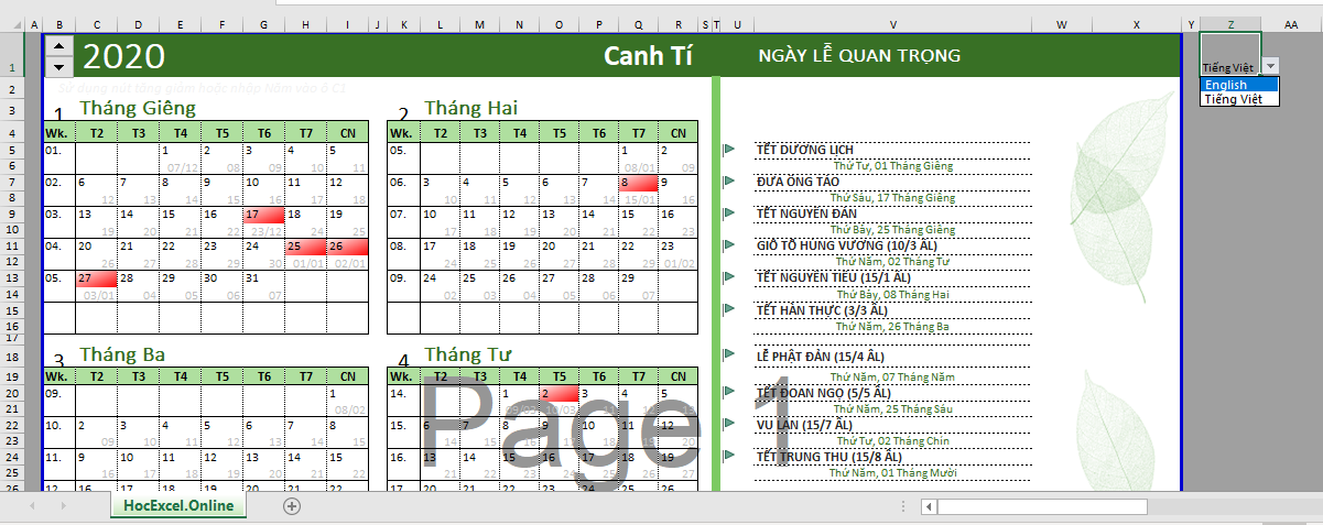 Lịch vạn niên âm dương trong Excel