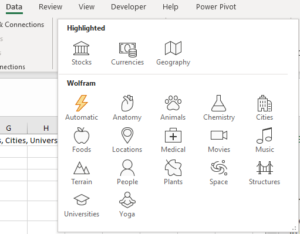 Drop-down menu in Excel Data tab displaying available data types including Stocks and Geography