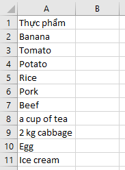 A column in Excel containing a list of various food items before conversion