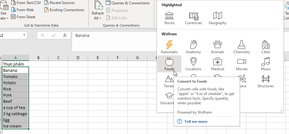 User selecting the Food category from the Data Types group in the Excel Ribbon