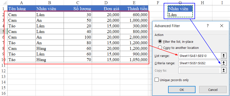 Lọc dữ liệu với Advanced Filter