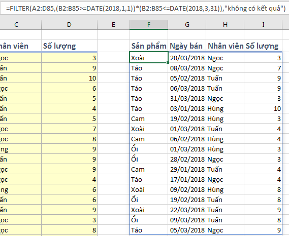 Kết quả lọc với hàm FILTER