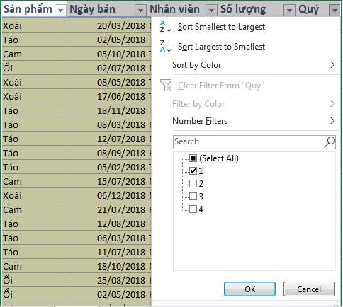 Lọc dữ liệu theo quý 1 với cột phụ