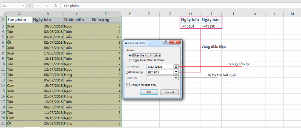 Sử dụng Advanced Filter