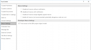 Excel Trust Center window showing Macro Settings options to enable VBA