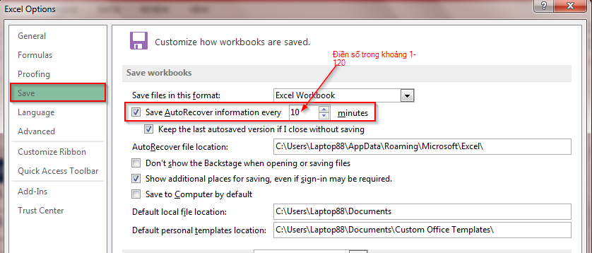 Tùy chỉnh thời gian AutoSave