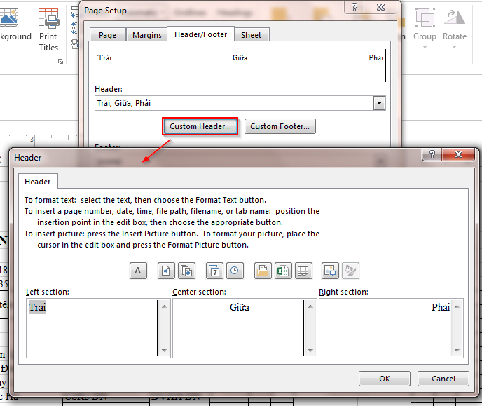 Hộp thoại Custom Header