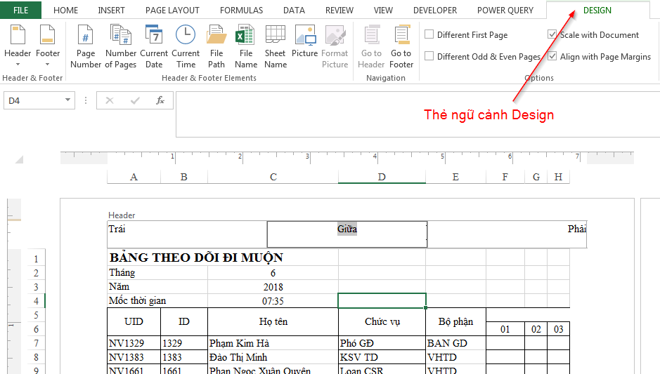 Giao diện tùy chỉnh Header và Footer trong chế độ Page Layout
