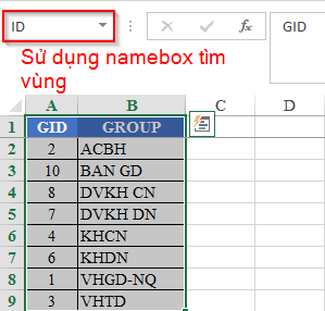 Sử dụng Name Box