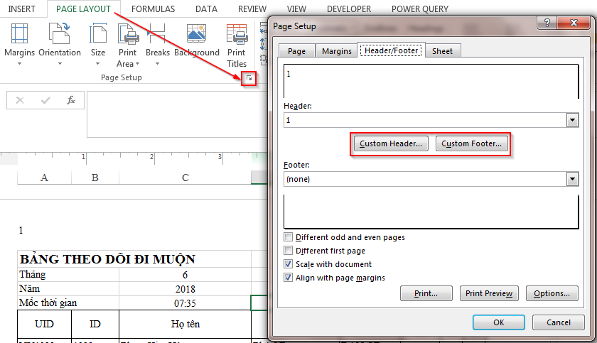 Sử dụng hộp thoại Page Setup