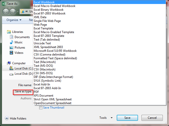 Chọn định dạng file trong Save As