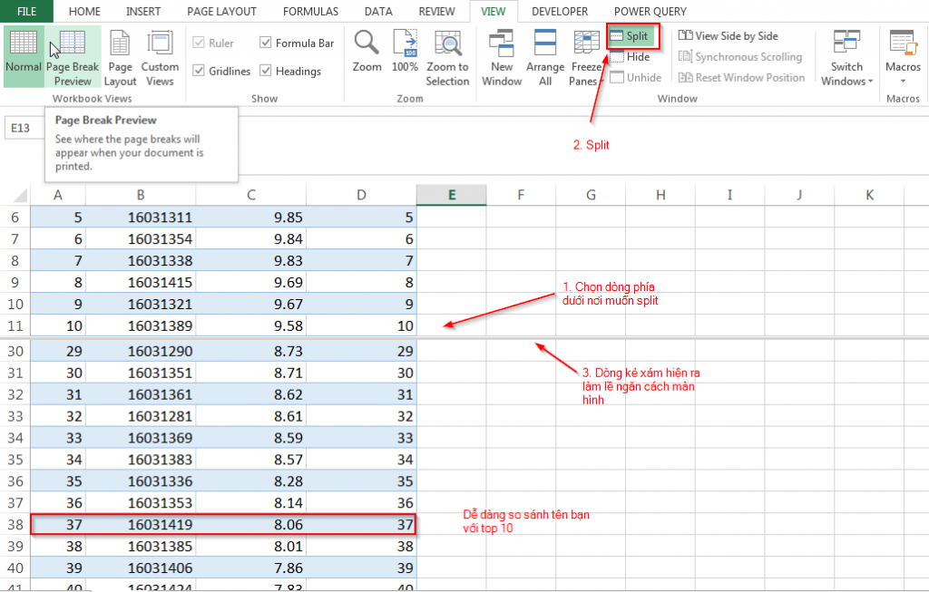 Chia đôi màn hình Excel: So sánh dữ liệu dễ dàng với Split Các bước chia màn hình trang tính