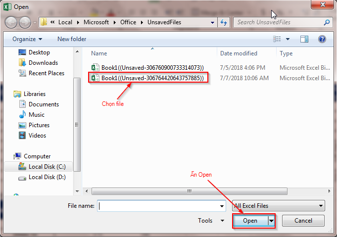 Khôi phục file chưa lưu bước 2