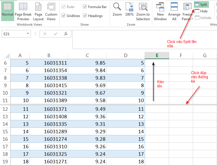 Chia đôi màn hình Excel: So sánh dữ liệu dễ dàng với Split 3 cách để bỏ split