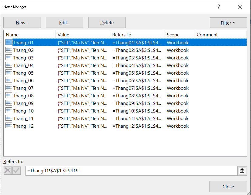 Gộp Bảng Dữ Liệu Trong Excel Sử Dụng SQL Đặt tên vùng dữ liệu