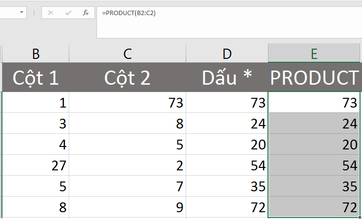 Ví dụ sử dụng hàm PRODUCT để nhân hai cột trong Excel
