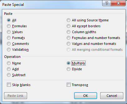 Chọn Multiply trong Paste Special