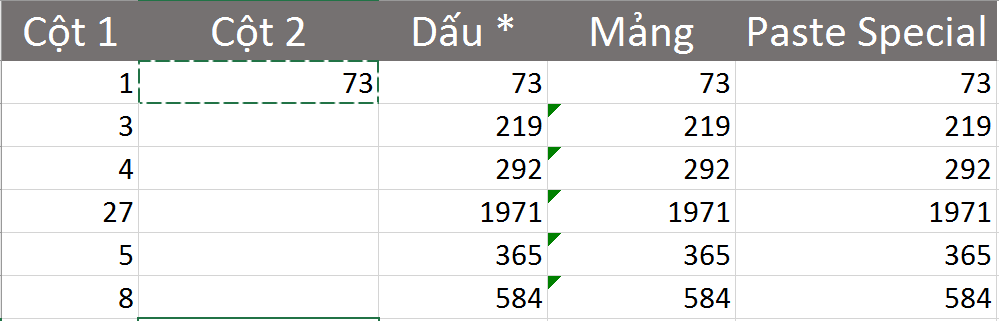 Kết quả nhân bảng với số cố định