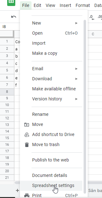 Cài đặt bảng tính