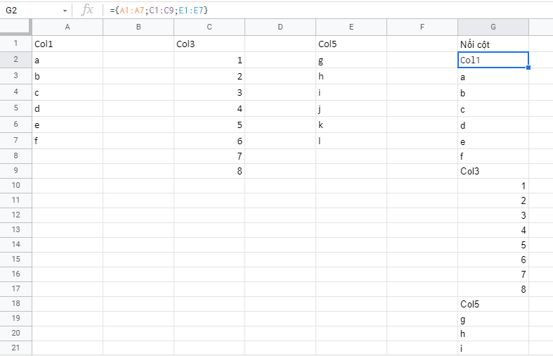 Kết quả nối cột với dấu chấm phẩy