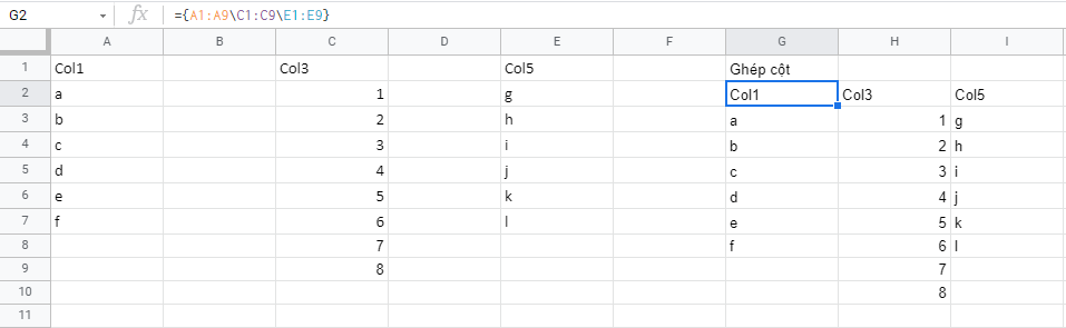Kết quả ghép cột với dấu chấm phẩy