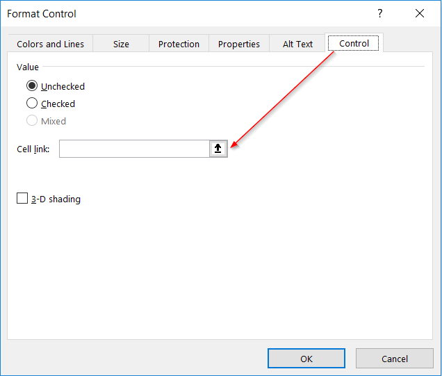 Setting the Cell Link address in the Format Control settings window