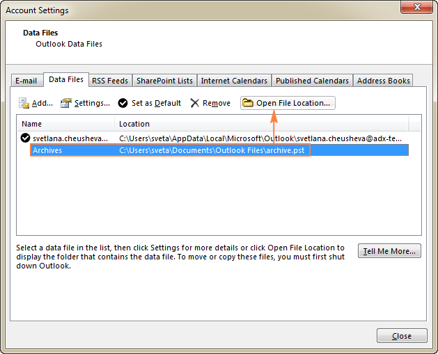 Account settings window showing list of data files