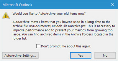 Prompt window asking user to archive old items