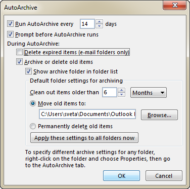 Detailed view of the AutoArchive configuration dialog