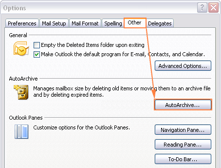 Legacy AutoArchive settings menu in Outlook 2007
