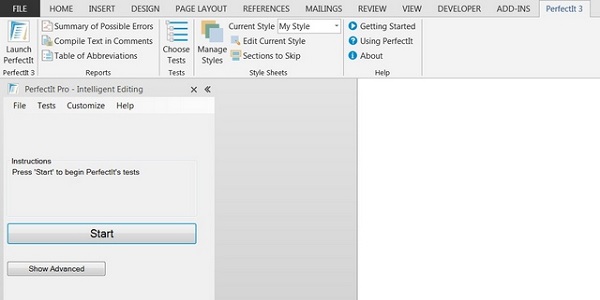 Giao diện PerfectIt trong Word