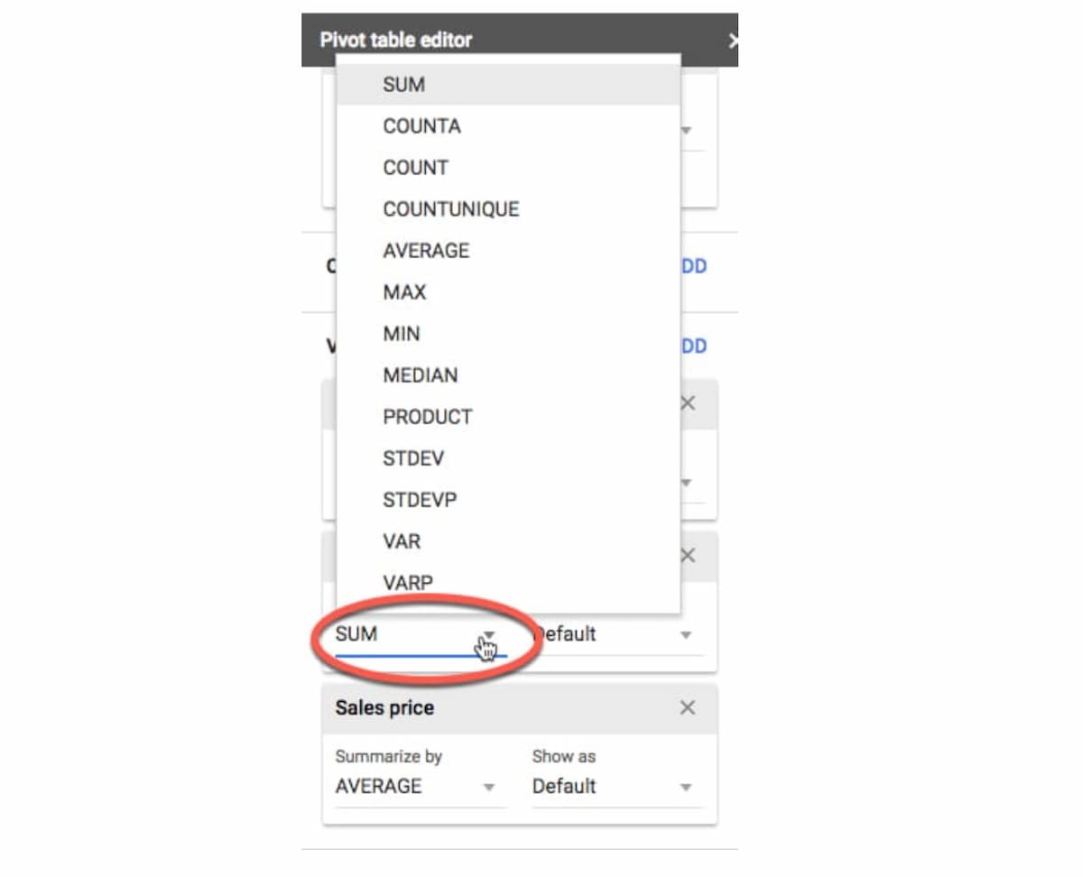 Có thể chọn các hàm tính toán khác nhau