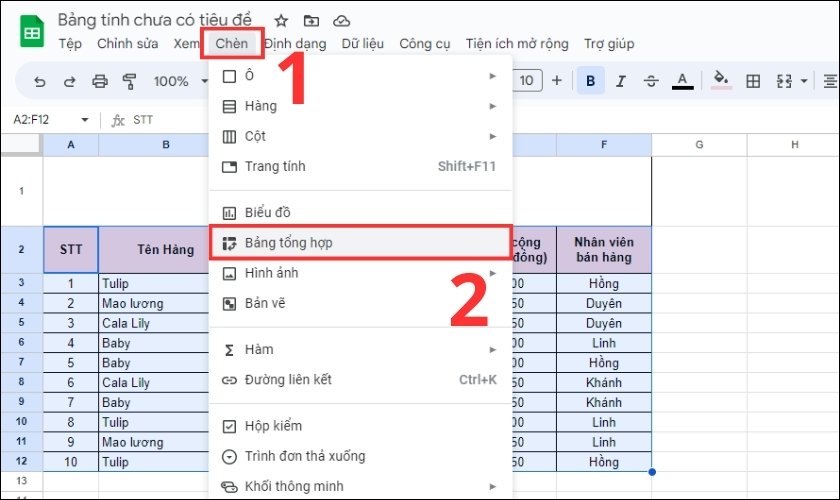 chọn bảng tổng hợp để tạo pivot table trong google sheet