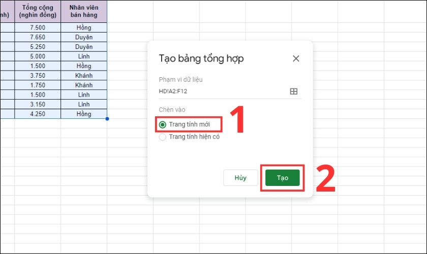 chọn trang tính mới rồi nhấn tạo