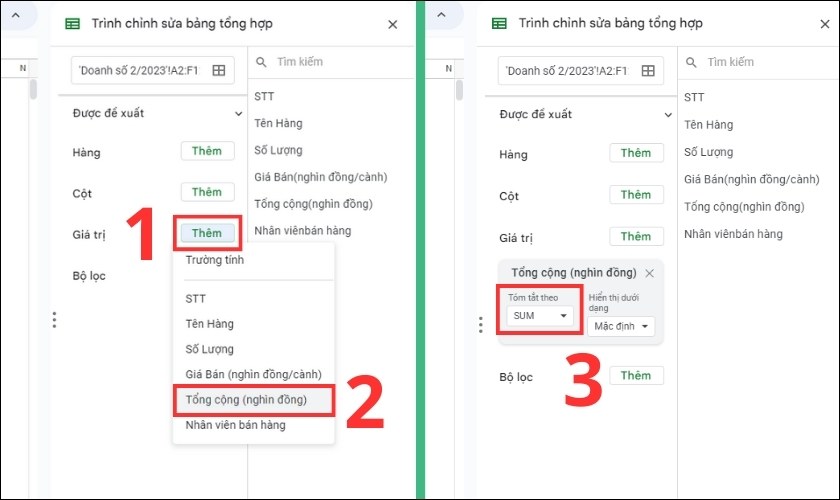 chọn tóm tắt theo sum