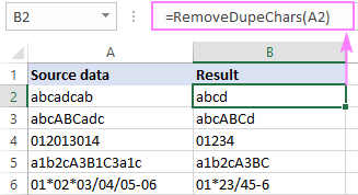 Excel formula bar showing the usage of the RemoveDupeChars function