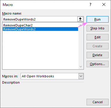 The Macro dialog box in Excel showing the option to run the cleaning script