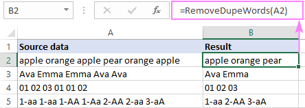 Excel spreadsheet showing the removal of duplicate text separated by spaces