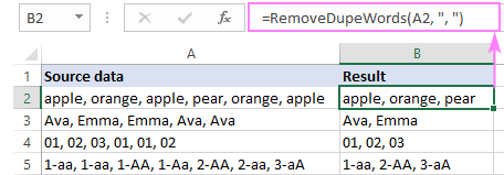 Excel spreadsheet showing the removal of duplicate words separated by commas