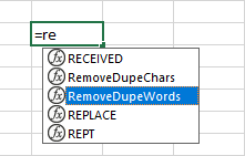 Excel autocomplete suggestion showing the custom RemoveDupeWords function