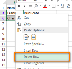 Context menu showing Delete Row option