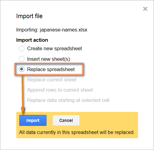Chọn Replace spreadsheet và Import