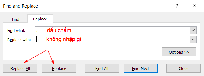 Tìm và thay thế dấu chấm